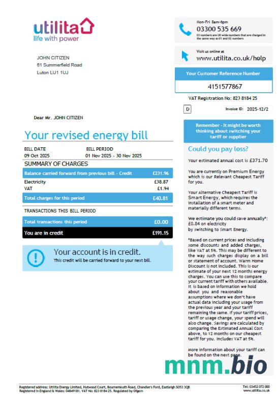 Wielka Brytania Utilita Energy rachunek za media szablon w formacie Word i PDF